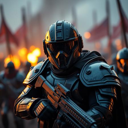 A photoshoot of a soldier in modern combat armor about to fight in a battle, dramatic lighting, cinematic, highly detailed, 4k resolution, epic composition