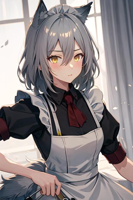 best quality, masterpiece, highres, solo, {maid:1.40}, {long maid dress:1.15}, {projekt_red_arknights:1.15}, animal_ears, wolf_ears, grey_hair, hair_between_eyes, wolf_girl, yellow_eyes, bangs, long_hair, upper_body