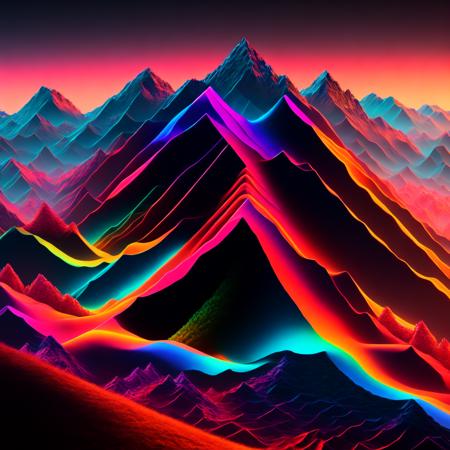 (PrismaHills:1) a computer generated image of a mountain range in neon colors <lora:PrismaHills_LoraBooth:1>