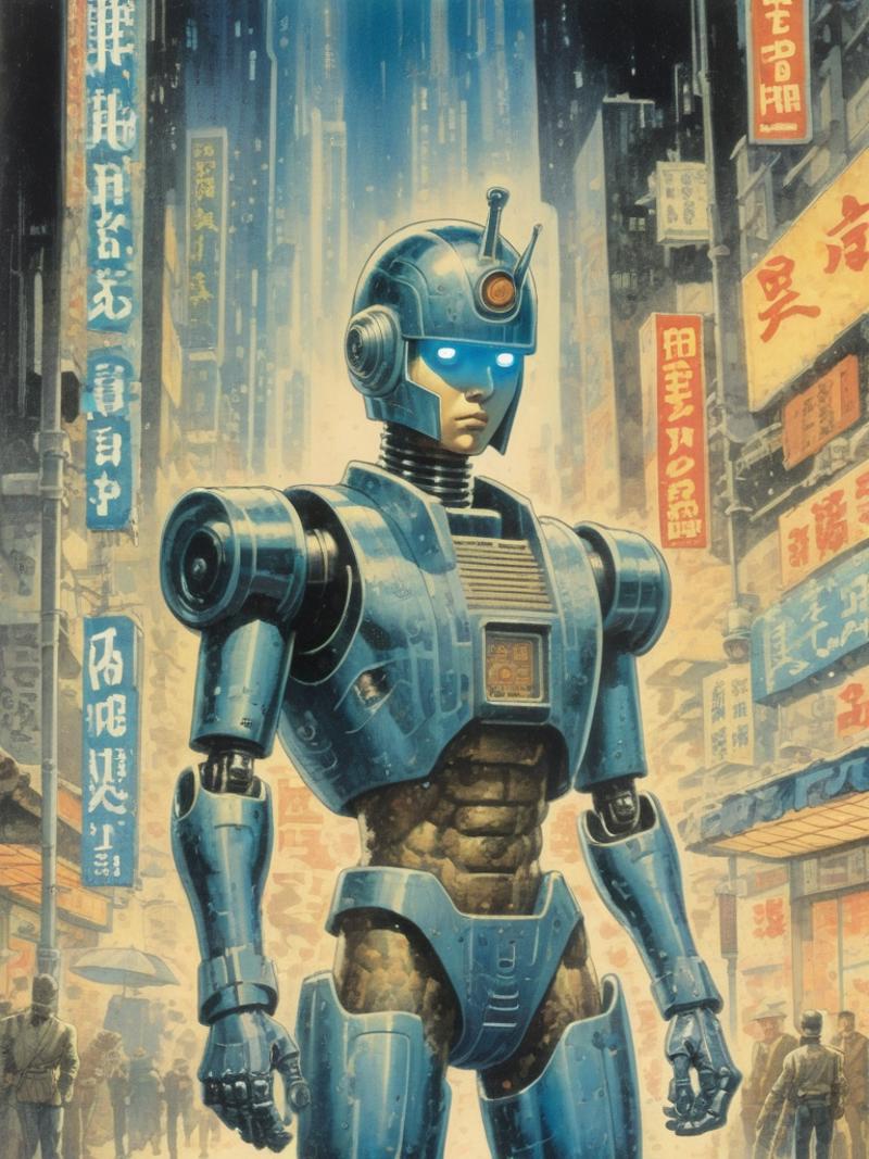 A robot with blue eyes and light blue body standing in a city.