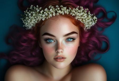This is a highly detailed, high-definition photograph featuring a young woman with an ethereal, dreamy quality. She has striking, striking blue eyes with long, dark lashes and is adorned with a radiant, sun-kissed complexion covered in tiny, glittering specks, and lilac flowers, giving a magical, fairy-like appearance. Her hair is a vibrant, pastel pink color, styled in loose waves and adorned with a crown of fresh, blooming purple flowers, primarily lilacs, adding to her whimsical, otherworldly look.rockabilly style, 1girl, solo, realistic, pink hair, flower, looking at viewer, freckles, portrait, blue eyes, lips, 1950's