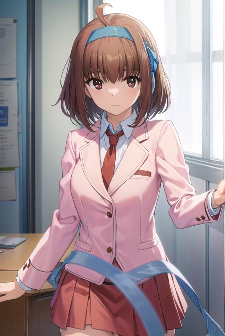 soratakanashi, <lora:sora takanashi s1-lora-nochekaiser:1>,
sora takanashi, short hair, brown hair, ribbon, (brown eyes:1.5), hair ribbon, ahoge, hairband, blue ribbon, blue hairband,
BREAK skirt, school uniform, jacket, necktie, blazer, (pink blazer:1.2), (red skirt:1.2),
BREAK indoors, classroom,
BREAK looking at viewer, (cowboy shot:1.5),
BREAK <lyco:GoodHands-beta2:1>, (masterpiece:1.2), best quality, high resolution, unity 8k wallpaper, (illustration:0.8), (beautiful detailed eyes:1.6), extremely detailed face, perfect lighting, extremely detailed CG, (perfect hands, perfect anatomy),