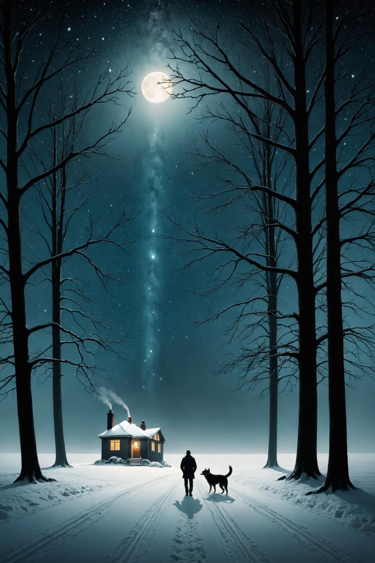 A man and his dog walking through a snowy forest at night, with a cabin in the background.