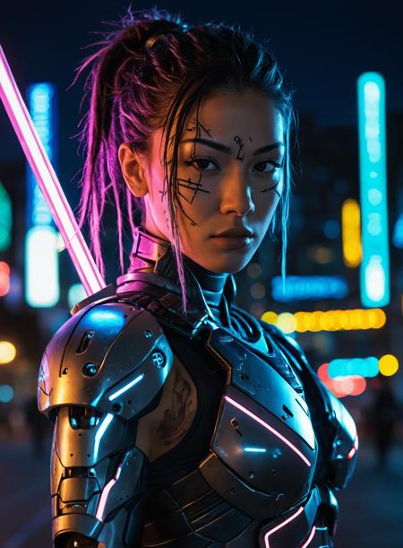 cyborg,ninja,outdoors,cyberpunk,night,science fiction,android,neon lights,face,hair,katana,realistic photograph,