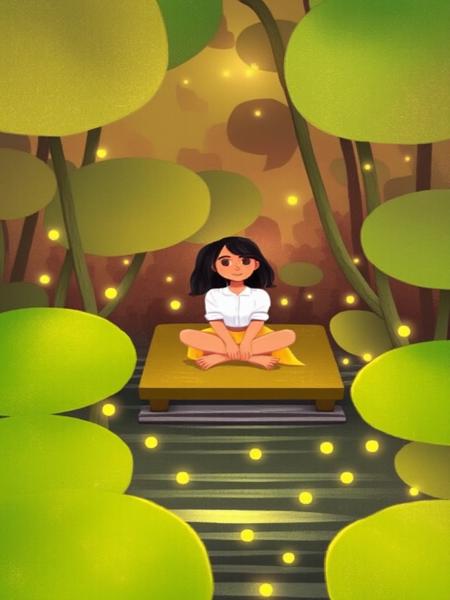 This digital illustration portrays a serene, fair-skinned woman with a petite frame and dark hair, seated cross-legged on a floating dock amidst giant lily pads. She wears a white blouse and mustard yellow skirt, blending with the natural, vibrant hues of the background, creating a calming, fantastical atmosphere. A soft, diffused light filters through the large, green leaves, and tiny glowing spots float serenely.. best composition, best quality,masterpiece, vibrant colors, healing atomosphere
