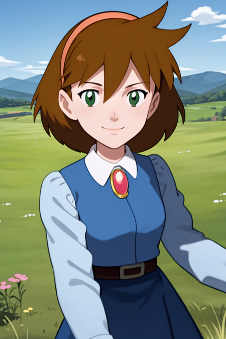 masterpiece, best quality, 1girl, janebuxton, brown hair, short hair, green eyes, hairband, brooch, long sleeves, blue vest, dark blue dress, belt, standing, solo, looking at viewer, smile, blue sky, grass, cloud, meadow background <lora:JaneBuxton:1>