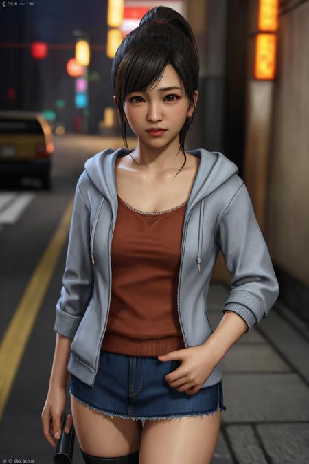 sawamura haruka, ryu ga gotoku, yakuza, sawamura haruka, ryu ga gotoku, yakuza, bangs, black hair, ponytail, swept bangs, brown eyes, lips, in the district of Kabukicho, small breasts, red t-shirt, denim skirt, grey hoodie jacket, hoodie down, brown boots, cute, kawaii pose, looking at viewer, (((best quality, masterpiece))), (((extremely detailed))), RAW photo, realistic, cinematic lighting, best quality, 8k uhd, realistic, (unreal engine 5), <lora:Sawamura Haruka:1>,