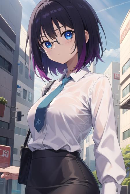 dragonelma, <lora:elmatest:1>, elma, black hair, blue eyes, glasses, multicolored hair, short hair, slit pupils, rimless eyewear,
BREAK collared shirt, long sleeves, necktie, office lady, pencil skirt, shirt, skirt, wing collar,
BREAK looking at viewer,
BREAK outdoors, office,
BREAK <lora:GoodHands-vanilla:1>, (masterpiece:1.2), best quality, high resolution, unity 8k wallpaper, (illustration:0.8), (beautiful detailed eyes:1.6), extremely detailed face, perfect lighting, extremely detailed CG, (perfect hands, perfect anatomy),