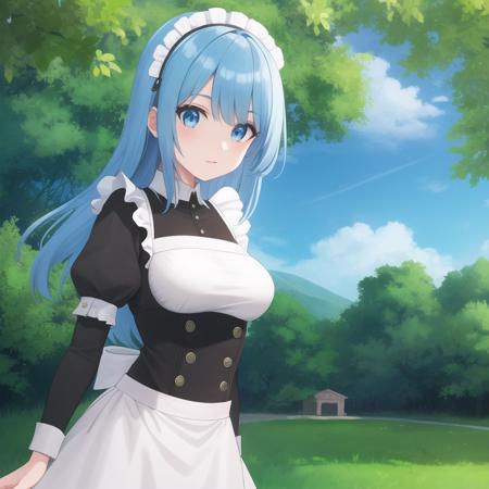 bofuri-iz, maid costume, blue hair, long hair, blue iris, full body, medium breasts, solo, 1girl, outdoors <lora:bofuri-iz-000003:0.4>