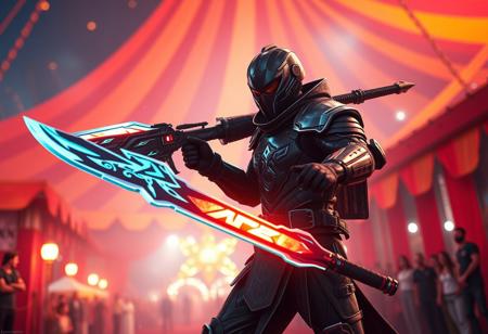 expert Intricate Dynamic action pose, Elemental HERO Liquid Soldier, holding Electro Blaster & Sword soul, black armor, mysterious helmet visor, standing confidently amidst vibrant red & orange striped circus tent, Trickstar Festival background, blurred spectator crowd, captivating lighting, intense focus, 4K, cinematic, trending on ArtstationHQ, CGSociety, Octane Render, Unreal Engine 5, Splash Ink Illustration, Impeccable Composition, Dynamic Action Pose, Harmonious Colors, Matte Painting, Creative Angle, Golden Ratio.