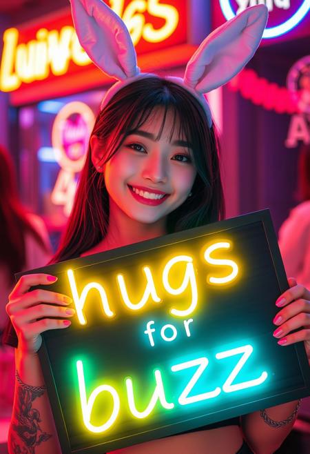 digital art, young korean woman holds neon board with text "hugs for buzz", cute, night club, neon, beautiful, tattoos, kawaii, perfect face, smile, bunny ears