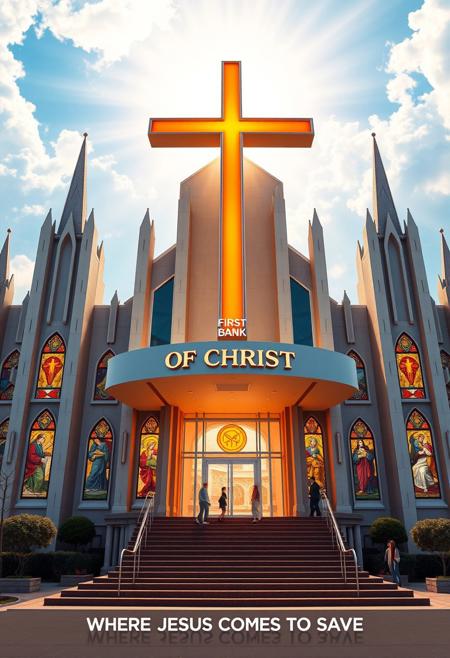 “An advertising poster for a fictional Christian-themed financial institution called ‘The First Bank of Christ’, featuring the slogan ‘Where Jesus Comes to Save’. The central focus is an imaginative bank building that blends postmodern 1950s architecture with Gothic cathedral elements. The structure includes sleek, symmetrical lines and mid-century design motifs—such as concrete fins, large glass windows, and retro signage—merged with Gothic features like stained glass windows, pointed arches, flying buttresses, and stone gargoyles. A large, illuminated cross stands atop or in front of the building, with the name ‘The First Bank of Christ’ emblazoned on it in elegant, serif lettering.  Motto at bottom of poster reads “WHERE JESUS COMES TO SAVE”,
The atmosphere is bright and uplifting, with heavenly rays of light shining from the clouds above, casting a warm glow on the building. The setting is clean and idealized, resembling a religious-commercial utopia. Optional additions include stained glass windows depicting scenes of generosity or financial miracles, and worshippers/customers entering through ornate golden doors. The overall tone is reverent yet tongue-in-cheek—inviting and visionary, with a subtle spiritual-commercial satire.”
