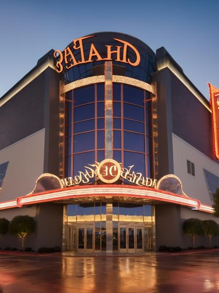 <lora:JJsLasVegasArchitecture_XL:1>,((Las Vegas Architecture)) , ((best quality)),((masterpiece)),((realistic)), outdoors,  sky, no humans, building, scenery, city scape,road, car, tree,  neon light, dramatic lighting, window, reflection, walkway,