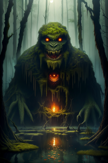 centered, illustration, mossy corners, rounded corners, dark top and bottom, monster face up close in the dark,  splash art, book art, illustration, high quality, (a large swamp giant,:1.3) made out of hanging moss, swamp monster, yellow glowing eyes, wild hair, wearing scraps of leather, up close, from the side, Style-SwampMagic-1850  atompunkstylesd15