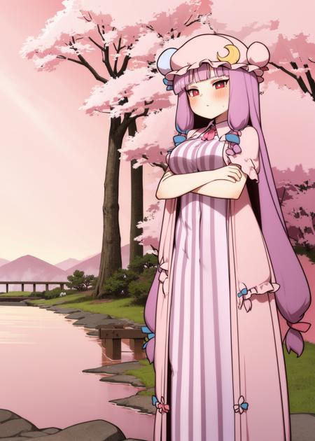 best quality, highly detailed, 1girl, (patchouli knowledge:1.2), :(, crossed arms, (sakura trees, sakura leeves), standing on a bridge, pink sky, sunshine, reflections, cinematic lighting, sun rays