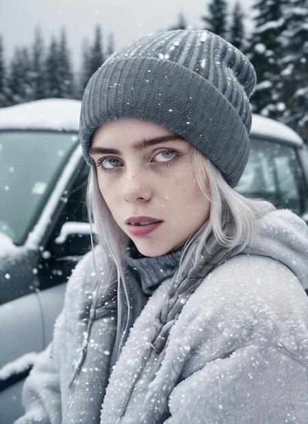 RAW photo of a sks woman, sitting in outdoor car ,winter ,snowy , ((wearing cap)), (detailed face), grunge, ((visual kai)),  ((full body)), (high detailed skin:1.2), 8k uhd, dslr, soft lighting, high quality, film grain, Fujifilm XT3, <lora:locon_billie_v1_from_v1_64_32:1.3>