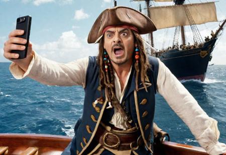 Johnny Depp dressed as Captain Jack Sparrow taking a selfie with 
Rowan Atkinson dressed as Mr Bean on the board of a sinking ship, in the background you can see the sailors yelling and screaming , realistic, complementary colors . octane render, highly detailed, volumetric, dramatic lighting