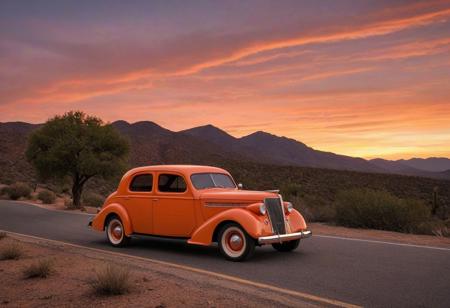 motor vehicle, car, no humans, tree, road, outdoors, scenery, sky, orange sky, sunset, mountain, vehicle focus, evening, nature, mountainous horizon, forest, cloud, location, dusk, twilight, red sky, hill, rock, gradient sky, desert, grass, orange background, bush, solo, (1936 Willys 77 4-Door Sedan)
