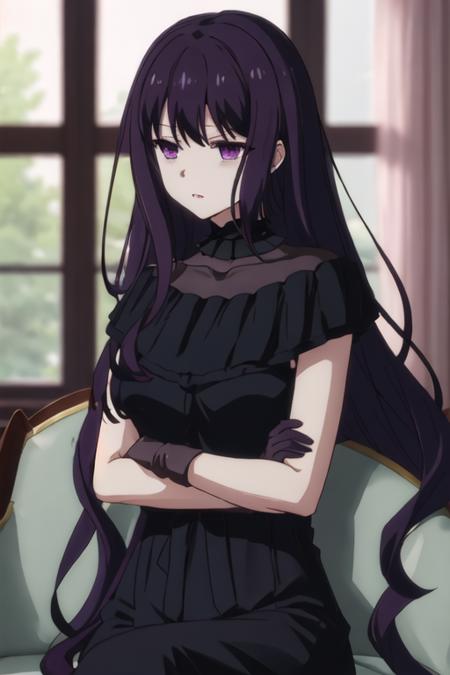 best quality, masterpiece, highres, solo, {tilty_claret_tenseioujototensaireijounomahoukakumei:1.15}, long_hair, bangs, purple_hair, purple_eyes, black_hair, blurry