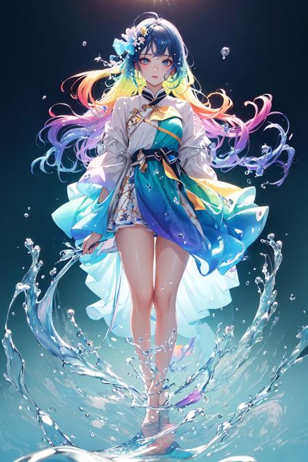 (colorful:1.3),(masterpiece, top quality, best quality, official art, beautiful and aesthetic:1.2), (gradient light:1.5), looking at viewer,(1girl:1.2)colorful,highest detailed,solo,(floating colorful water:1.4)