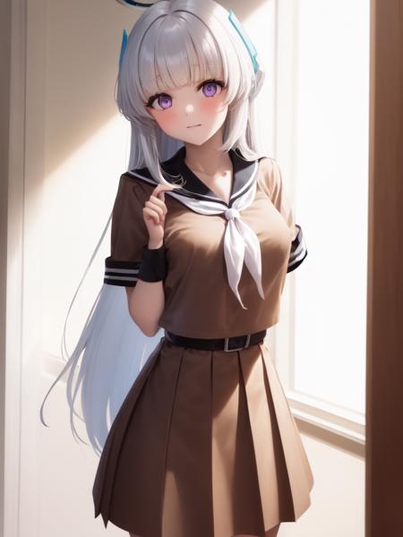 (brown serafuku:1.4), 1girl, solo, standing, (neckerchief:1.1), white hair, purple eyes, short sleeves, pleated skirt, (brown skirt:1.2), long skirt, indoors, very long hair, halo,