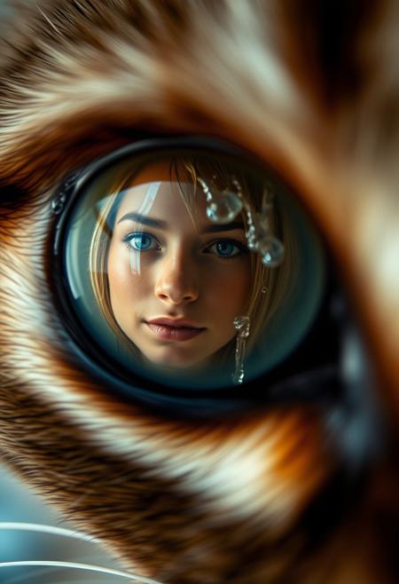 extreme close up portrait of a cat's eye reflecting a young beautiful woman washing her hair in a glass shower as the water pours down her tan skin,  the cat's eye has takes up 85% of the image