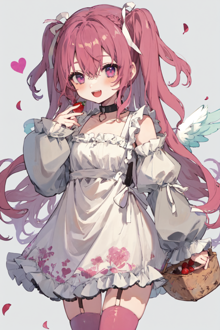 best quality, masterpiece, extremely detailed, detailed background, 1girl, solo, wings, pink hair, fruit, long hair, dress, thighhighs, white dress, ribbon, long sleeves, open mouth, food, holding, angel wings, basket, smile, hair ribbon, petals, puffy sleeves, heart, feathered wings, garter straps, simple background, very long hair, pink thighhighs, hair between eyes, strawberry, two side up, frills, white wings, :d, bangs, pink eyes, choker, white background, twintails, white ribbon, puffy long sleeves, purple eyes, braid, juliet sleeves, frilled dress <lora:bacheally128dim-epoch-000006:1>