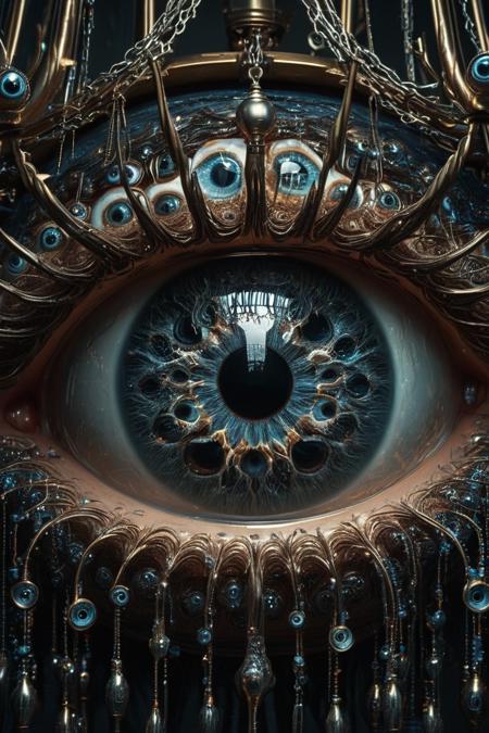 A gothic chandelier made entirely of hyper-detailed, lifelike eyeballs, eyes replacing all surfaces and forms, constructed from layers of pulsating irises and textured sclera, surreal and dreamlike with uncanny valley energy, organic patterns and disturbing symmetry, cinematic lighting, vivid and contrasting color palette, 8k ultra detail, unsettling yet mesmerizing composition, inspired by visionary surrealism and bio-mechanical horror, <lora:Eyeball_Everything:1.25> <lora:Eyes_High_Definition:1>