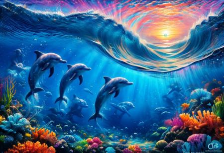 zavy-ndrwtr, summer, ink painting, acrylic, cute dolphins, wave, sunrise, by Craola, Dan Mumford, Andy Kehoe, 2d, flat, cute, adorable, vintage, art, fairytale, storybook detailed illustration, cinematic, ultra highly detailed, tiny details, beautiful details, mystical, luminism, vibrant colors, complex background, stunning, energy, molecular, textures, iridescent and luminescent scales, breathtaking beauty, pure perfection, divine presence, unforgettable, impressive, breathtaking beauty, Volumetric light, auras, rays, vivid colors reflects, magnificent, celestial, ethereal, epic, magical, dreamy, chiaroscuro, atmospheric lighting, split frame, underwater, crashing wave, water edge, ral-undrwtscn, colorful fractal