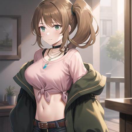 (masterpiece, best quality:1.2),illustration,8k,hd,1girl,solo,green eyes,side ponytail,brown hair,jacket,tied shirt,pink shirt,belt,choker,long hair,midriff,necklace,jewelry,off shoulder,green jacket,denim shorts,breasts,long sleeves,black shorts,black choker,bangs,<lora:Kuroe(Casual wear)-V1:0.6>,