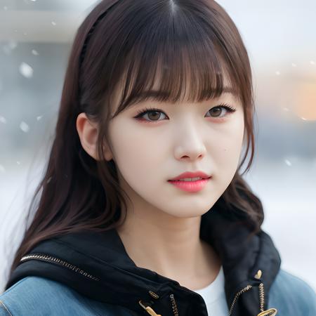 hyper realistic lifelike texture dramatic lighting unreal engine trending on art station, award winning photo, nikon RAW photo,8 k, Fujifilm XT3,masterpiece, best quality, realistic, photorealistic, ultra detailed, extremely detailed face, solo,1girl, standing, fashionable and trendy atmosphere, high-end makeup products, and a stylish expression on her face, snowing, wearing jacket outside, (upper body),