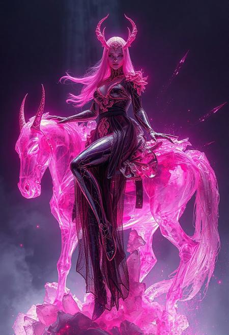 toxic skin art style, Laevateinn with neon lava-magenta galaxy black and white color palette Skin archaea/woman, Bioluminescence translucent background, full view, hyper realistic, masterpiece, 32k, detailed, full body view, female ,Big legs, wide hips, a the woman wearing shattered glass like robe, woman is riding a Laevateinn with pearl-white magenta galaxy black and white color palette Skin,