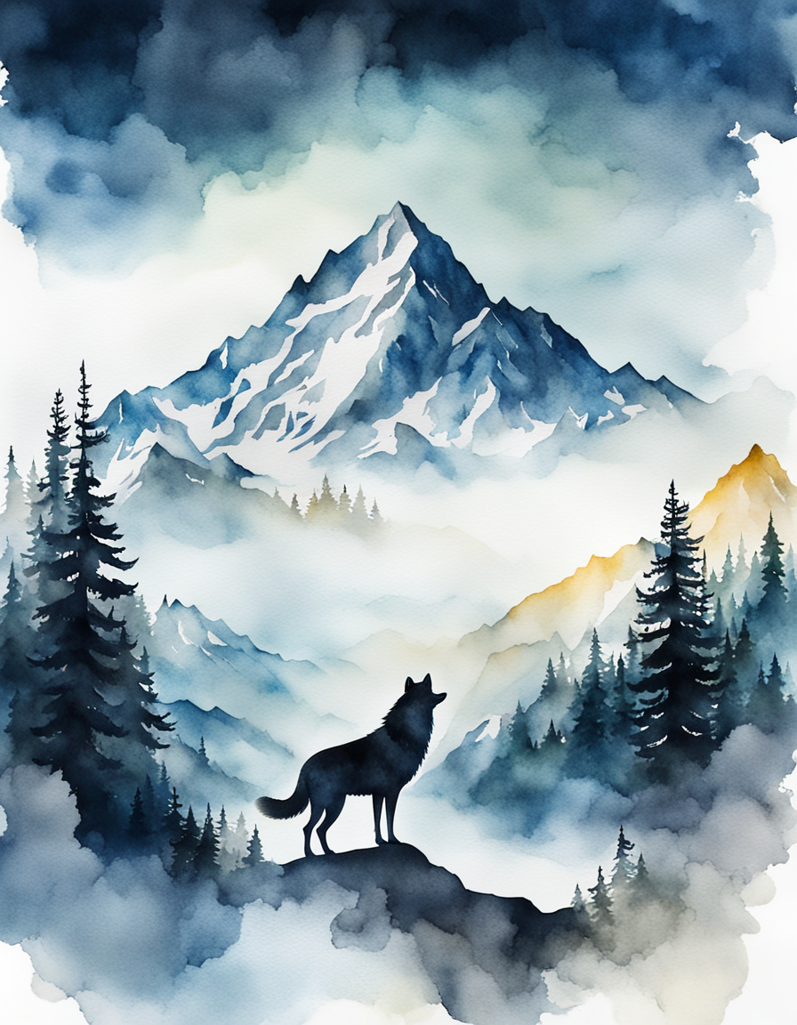 Double exposure of a wolf and a mountain, natural scenery, watercolor