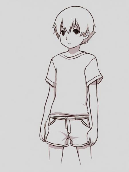 1boy, aogami, lineart, monochrome,full body,shirt,shorts, <lora:aogami_v12:1>