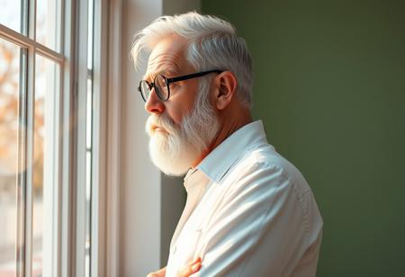 A highly detailed, semi-realistic 3D digital illustration, side, full body view of a dignified and wise writer standing next to a window, looking outside and contemplating. His short white hair is combed back from his forehead, revealing a slightly receding hairline. A neatly groomed white beard, sideburns, and mustache frame his chiseled, narrow face with a strong jawline and prominent cheekbones. Thick, arched eyebrows sit above round, black-framed glasses on his sharp, narrow nose. His pale, healthy skin shows fine lines that reflect his experiences, with a slight rosiness in his cheeks. He wears a cozy, informal white shirt, adding to the serene atmosphere of the room, bathed in the golden hour light. The reflective mood, walls painted in light green.