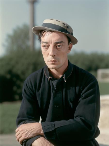 <lora:Buster Keaton-1.0b_fro0.9:1.0> buster keaton, colorized photo, sitting on stool, wearing a black t-shirt, sharp, realistic, 4k, film grain, bokeh, side view