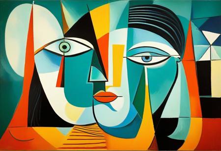 masterpiece, best quality, illustration, style of Pablo Picasso, cubist, complementary colors, abstract landscape,