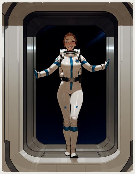 IllustriousQual, detailed face,
tall woman, milf, solo, thick build, long brown hair, hair pulled back, medium breasts, long legs, (muscular thighs:0.3),
flirty smiling, wearing a spacesuit and helmet, on a space station, posing in an airlock, view of blue planet out of window,
<lora:incaseIllustrious:0.8> incase style,