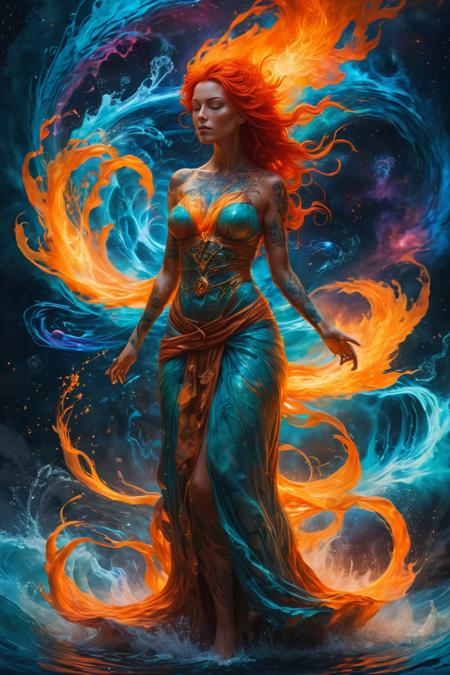 A breathtaking woman embodying all the elements, with fiery hair, a flowing water dress, earthy skin, and glowing wind tattoos, standing at the center of a vibrant, elemental convergence with swirling energies and vibrant colors. <lora:SDXLFaeTastic2400:1>