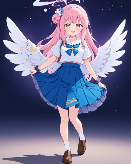 mika \(blue archive\),1girl, halo, solo, tongue_out, wrist_scrunchie, clothes_around_waist, looking_at_viewer, alternate_costume, white_wings, white_socks, loafers, short_sleeves, brown_footwear, single_side_bun, white_shirt, v, pleated_skirt, sky, angel_wings, smile, low_wings, white_sailor_collar, hair_flower, neckerchief, cloud, serafuku, full_body, blue_skirt, school_bag, feathered_wings, blush, hair_scrunchie
<lora:mika_(blue_archive)_image1356_2023-11-18_spv-000030:1>,halo,. gorgeous,key visual, vibrant, studio anime,award-winning, professional, highly detailed,high budget, cinemascope