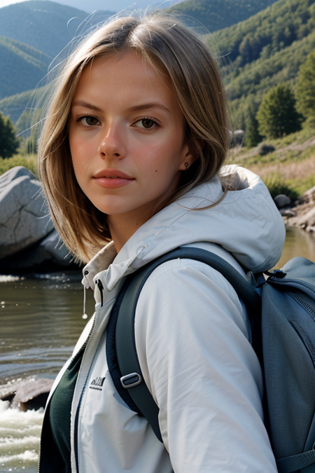 FloorBrinkman, ((selfie)) photo, serious look, outdoors, mountains, wearing a backpack, sweater, hiking jacket, rocks, river, wood, analog style, (look at viewer:1.2), (skin texture), close up, cinematic light, sidelighting, Fujiflim XT3, DSLR, 50mm