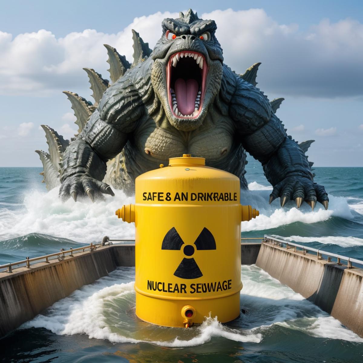 A giant Godzilla head with an open mouth and yellow container with a nuclear sign on it.