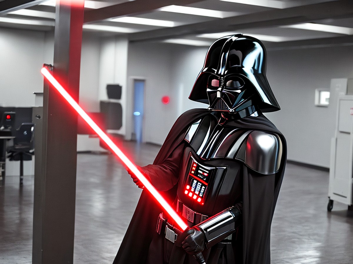 photorealistic, masterpiece, best quality, ((realistic)), a 8k photograph of Darth Vader in a battle station holding a red...
