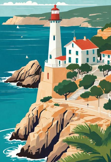 4n1v3rs3, 1girl, 4n1v3rs3, zPDXL2, Create an art deco inspired illustration of A scenic lighthouse perched on a rocky coastline, overlooking the turquoise waters of Cala Ratjada. Include vibrant pastel colors, sleek lines, and a retro summer atmosphere. The style should be reminiscent of vintage travel posters with a modern twist, <lora:add-detail-xl:2>