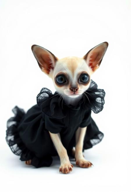 medium shot of a beautiful cute creature, dead blind eyes, victorian black dress, white background studio