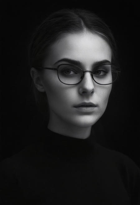 fine art portrait, masterpiece, infrared photography, black and white only, no colours used in image, close up dramatic face shot, full face and hair, dramatic side angled, beautiful young girl with prominent dimples and wearing glasses, creative bun hairstyle,
ultra detailed skin, perfect eyes, calm expression, 
realistic high resolution image, life like quality, cinematic scene with natural window lighting on partial face, background window in shallow depth of field, fine art portrait photography,
natural skin texture, fine pores, realistic skin, intricate skin details,, skin dentation, black and white, dark vignette around image,