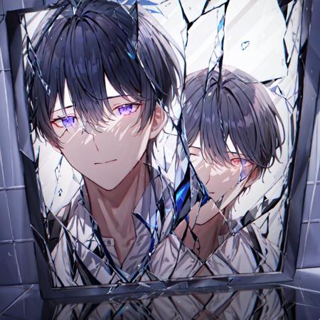 masterpiece, best quality,glass, broken glass, glowing,reflection,multiple boys,  <lora:Glass-000010:1>,