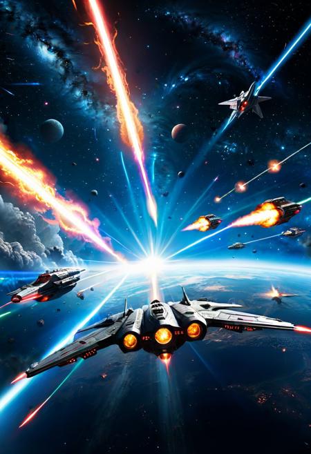 an epic galactic war , starships firing lasers, starry amazing background,