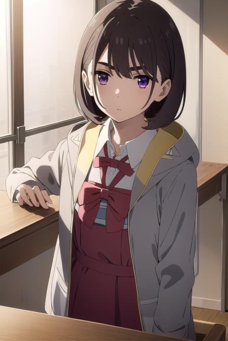 aoiaioi, <lora:aoi aioi movie-lora-nochekaiser:1>,
aoi aioi, short hair, black hair, red eyes, purple eyes,
BREAK shirt, dress, bow, school uniform, jacket, white shirt, collared shirt, hood, bowtie, red bow, red bowtie,
BREAK indoors, classroom,
BREAK looking at viewer, (cowboy shot:1.5),
BREAK <lyco:GoodHands-beta2:1>, (masterpiece:1.2), best quality, high resolution, unity 8k wallpaper, (illustration:0.8), (beautiful detailed eyes:1.6), extremely detailed face, perfect lighting, extremely detailed CG, (perfect hands, perfect anatomy),