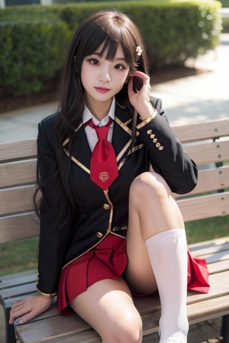 ultra-detailed,highly detailed,best quality,masterpiece,illustration,
fumizuki academy school uniform, solo, skirt,  crossdressing, necktie, cosplay, 1girl, socks, sitting, kneehighs, jacket, bench, looking at viewer,photo inset, outdoors, pleated skirt, photo background, male focus, bangs, blazer, feet out of frame,day, long sleeves, leaf,
<lora:fumizuki academy school uniform_v1_03:0.7>